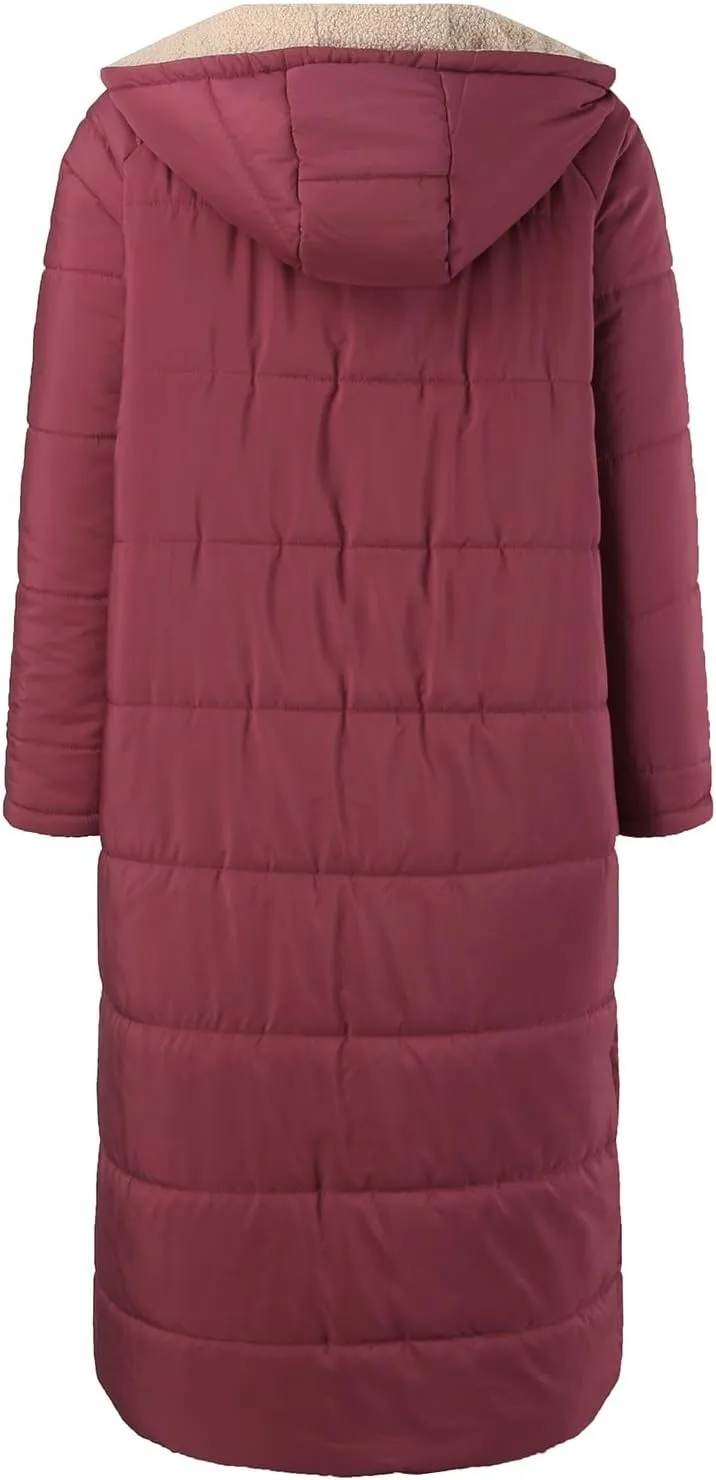 Long Fleece Jacket Women Winter Padded Reversible Puffer Sherpa Down Outwear Fashion Long Sleeve Hooded Pocket Coats