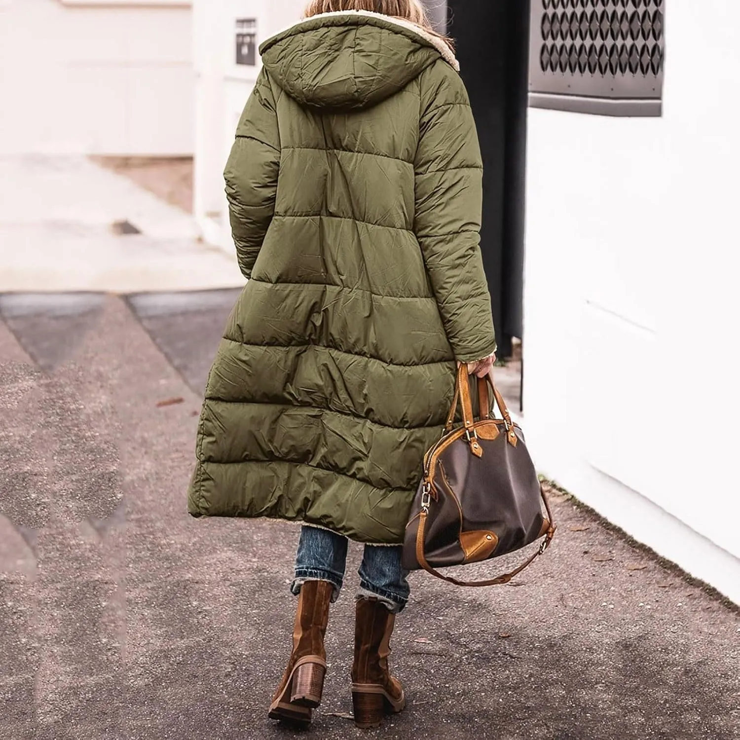 Long Fleece Jacket Women Winter Padded Reversible Puffer Sherpa Down Outwear Fashion Long Sleeve Hooded Pocket Coats