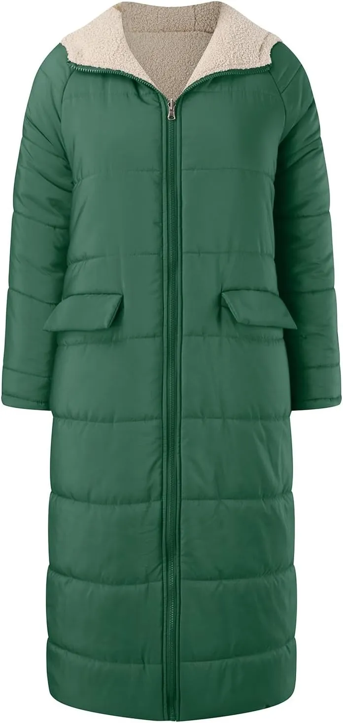 Long Fleece Jacket Women Winter Padded Reversible Puffer Sherpa Down Outwear Fashion Long Sleeve Hooded Pocket Coats