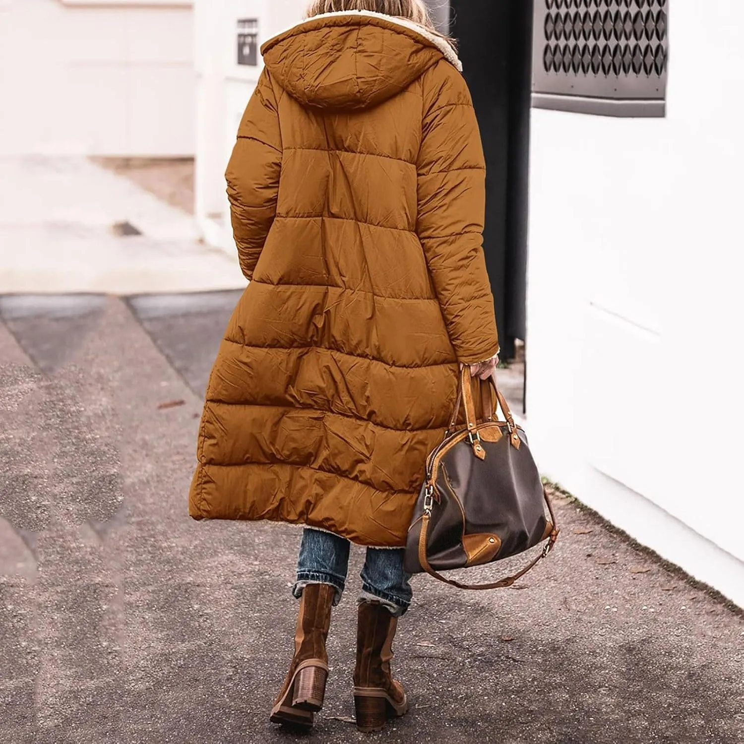 Long Fleece Jacket Women Winter Padded Reversible Puffer Sherpa Down Outwear Fashion Long Sleeve Hooded Pocket Coats