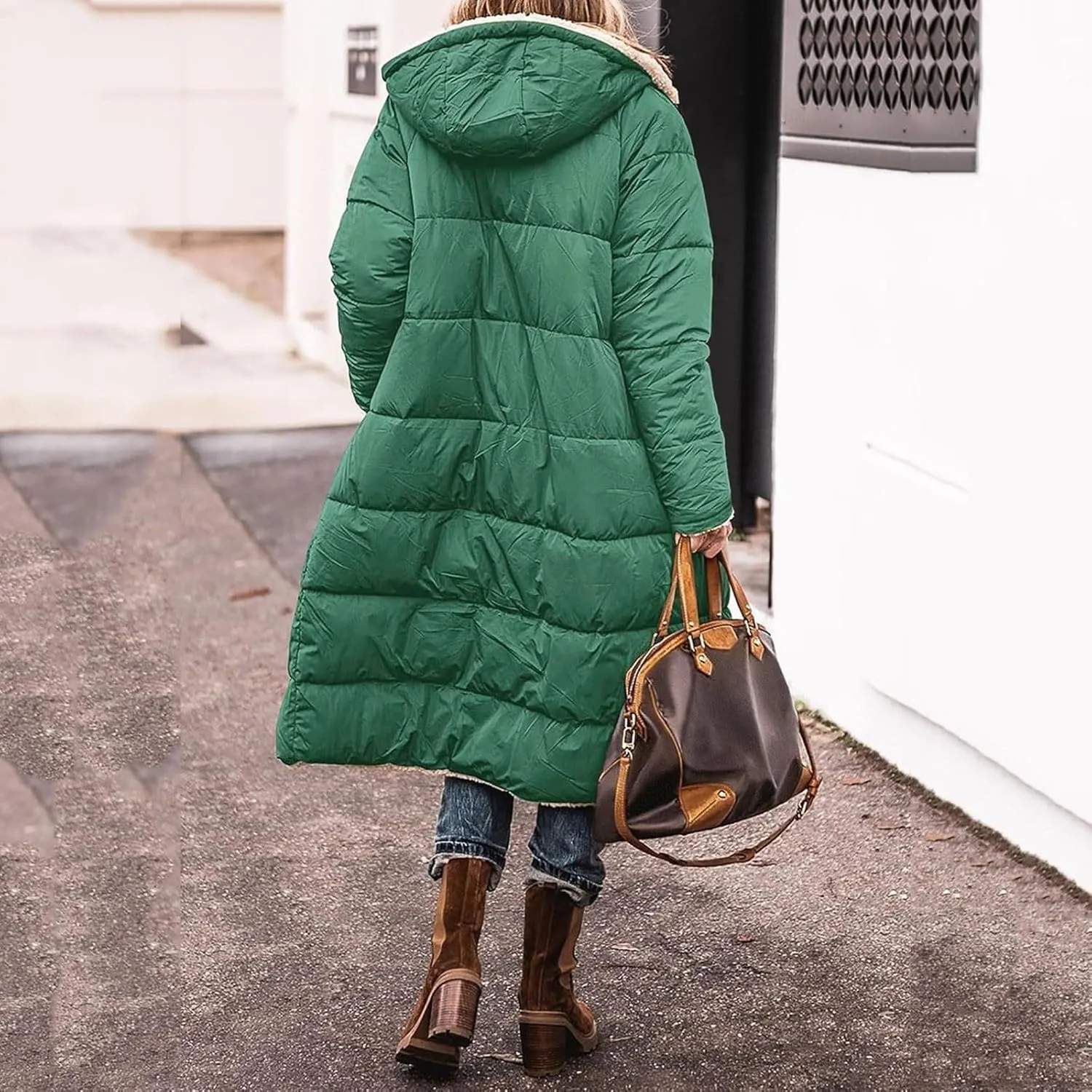 Long Fleece Jacket Women Winter Padded Reversible Puffer Sherpa Down Outwear Fashion Long Sleeve Hooded Pocket Coats