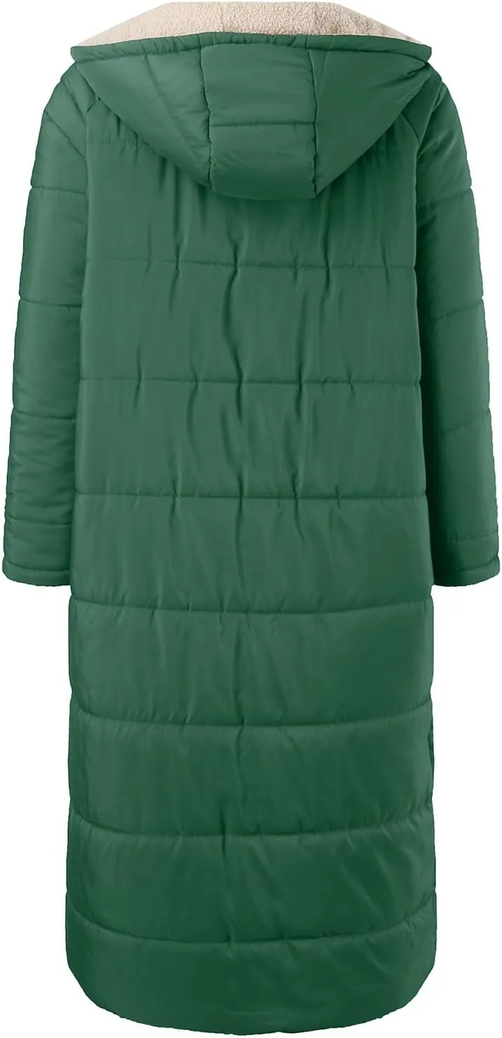 Long Fleece Jacket Women Winter Padded Reversible Puffer Sherpa Down Outwear Fashion Long Sleeve Hooded Pocket Coats