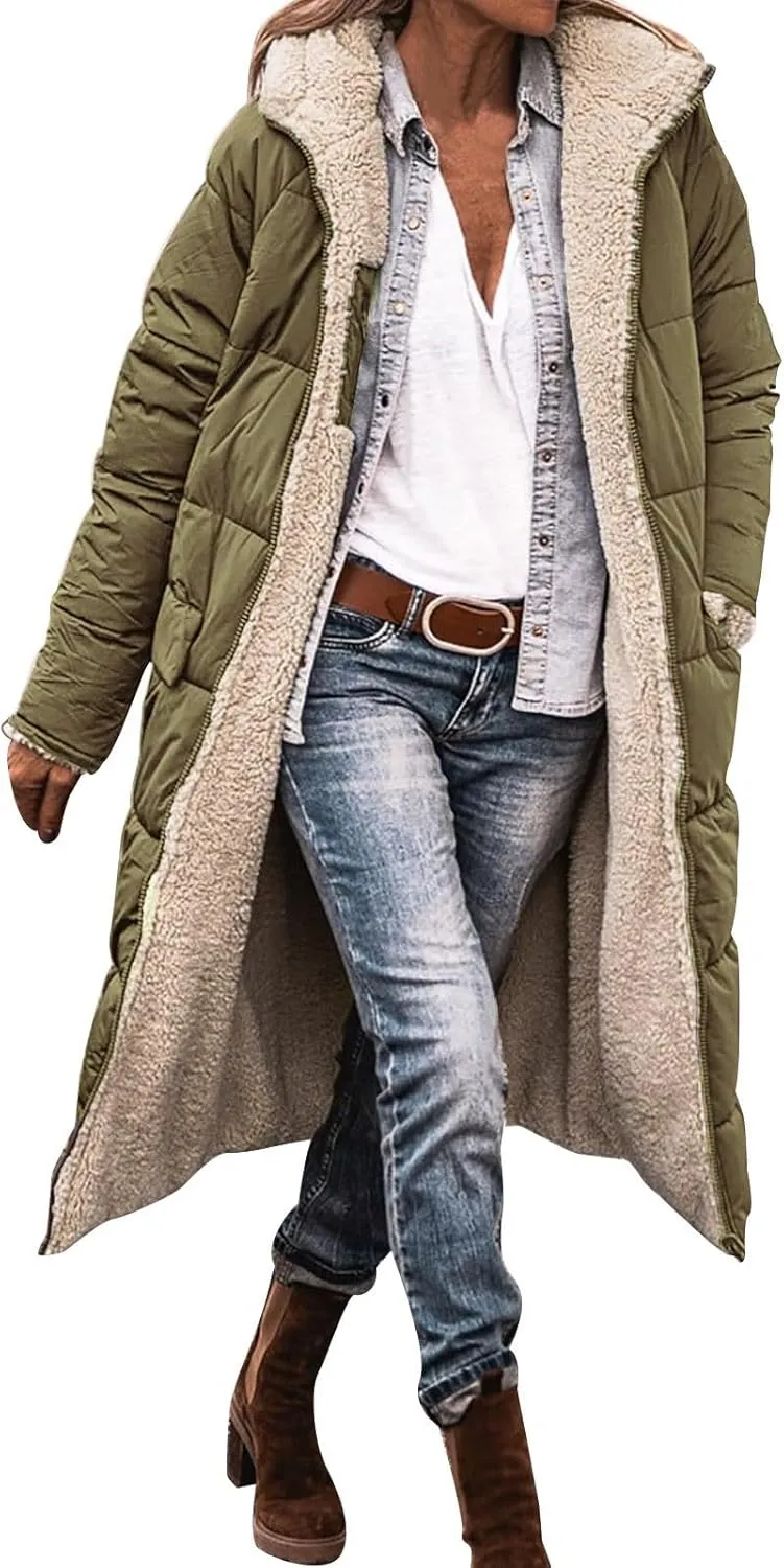 Long Fleece Jacket Women Winter Padded Reversible Puffer Sherpa Down Outwear Fashion Long Sleeve Hooded Pocket Coats