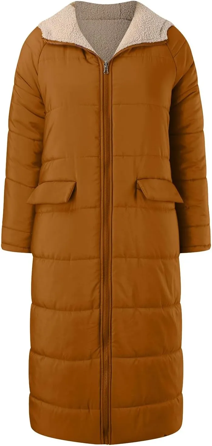 Long Fleece Jacket Women Winter Padded Reversible Puffer Sherpa Down Outwear Fashion Long Sleeve Hooded Pocket Coats