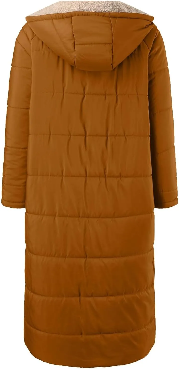 Long Fleece Jacket Women Winter Padded Reversible Puffer Sherpa Down Outwear Fashion Long Sleeve Hooded Pocket Coats