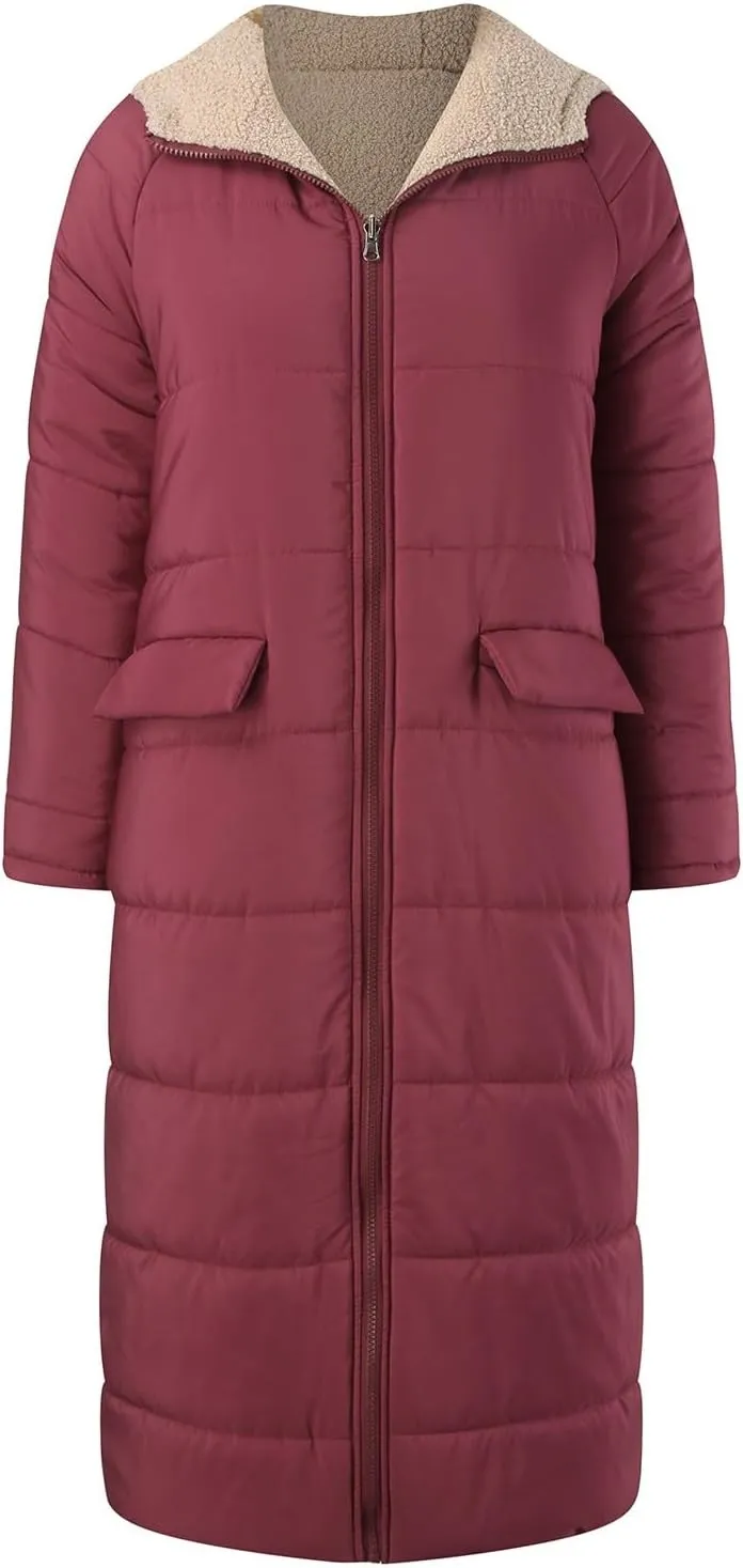 Long Fleece Jacket Women Winter Padded Reversible Puffer Sherpa Down Outwear Fashion Long Sleeve Hooded Pocket Coats