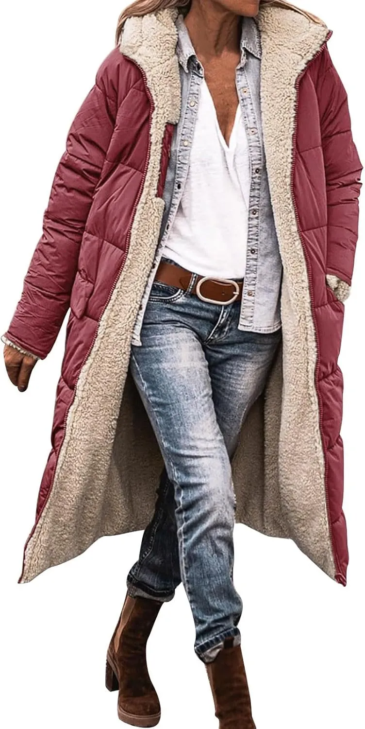 Long Fleece Jacket Women Winter Padded Reversible Puffer Sherpa Down Outwear Fashion Long Sleeve Hooded Pocket Coats