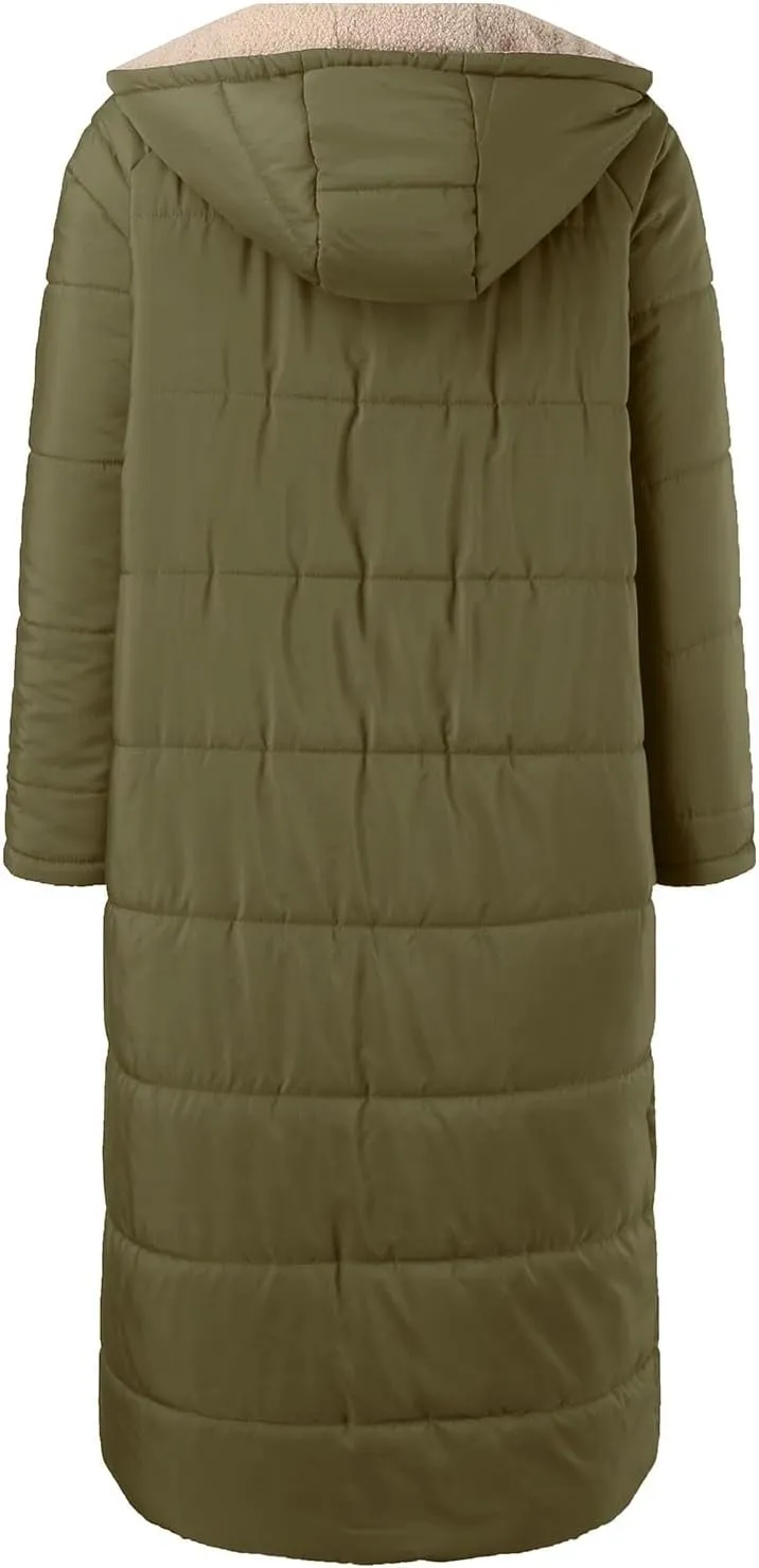 Long Fleece Jacket Women Winter Padded Reversible Puffer Sherpa Down Outwear Fashion Long Sleeve Hooded Pocket Coats