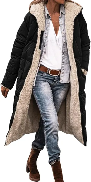 Long Fleece Reversible Jacket for Women Winter Puffer Warm Coat Sherpa Padded Oversized Long Sleeve Hooded Down Coats
