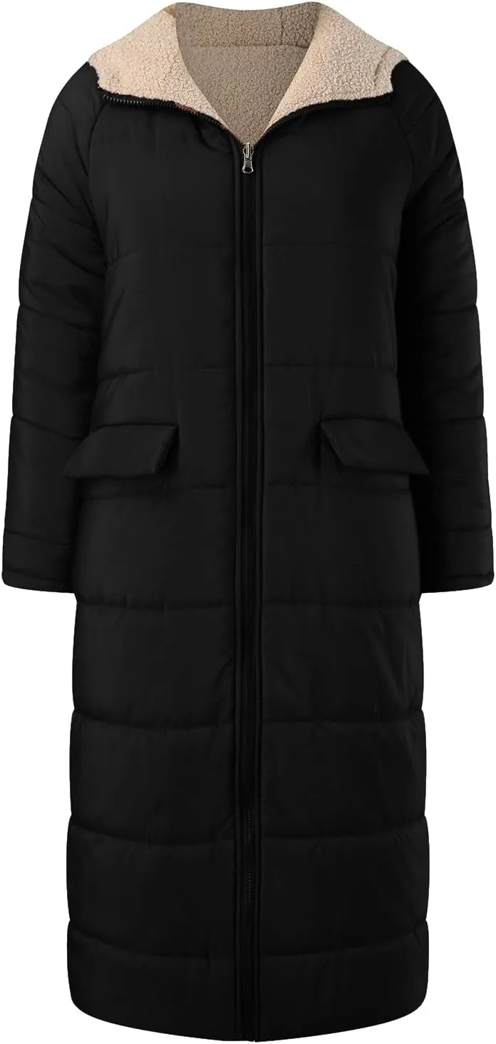 Long Fleece Reversible Jacket for Women Winter Puffer Warm Coat Sherpa Padded Oversized Long Sleeve Hooded Down Coats