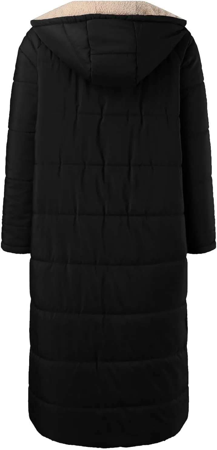 Long Fleece Reversible Jacket for Women Winter Puffer Warm Coat Sherpa Padded Oversized Long Sleeve Hooded Down Coats
