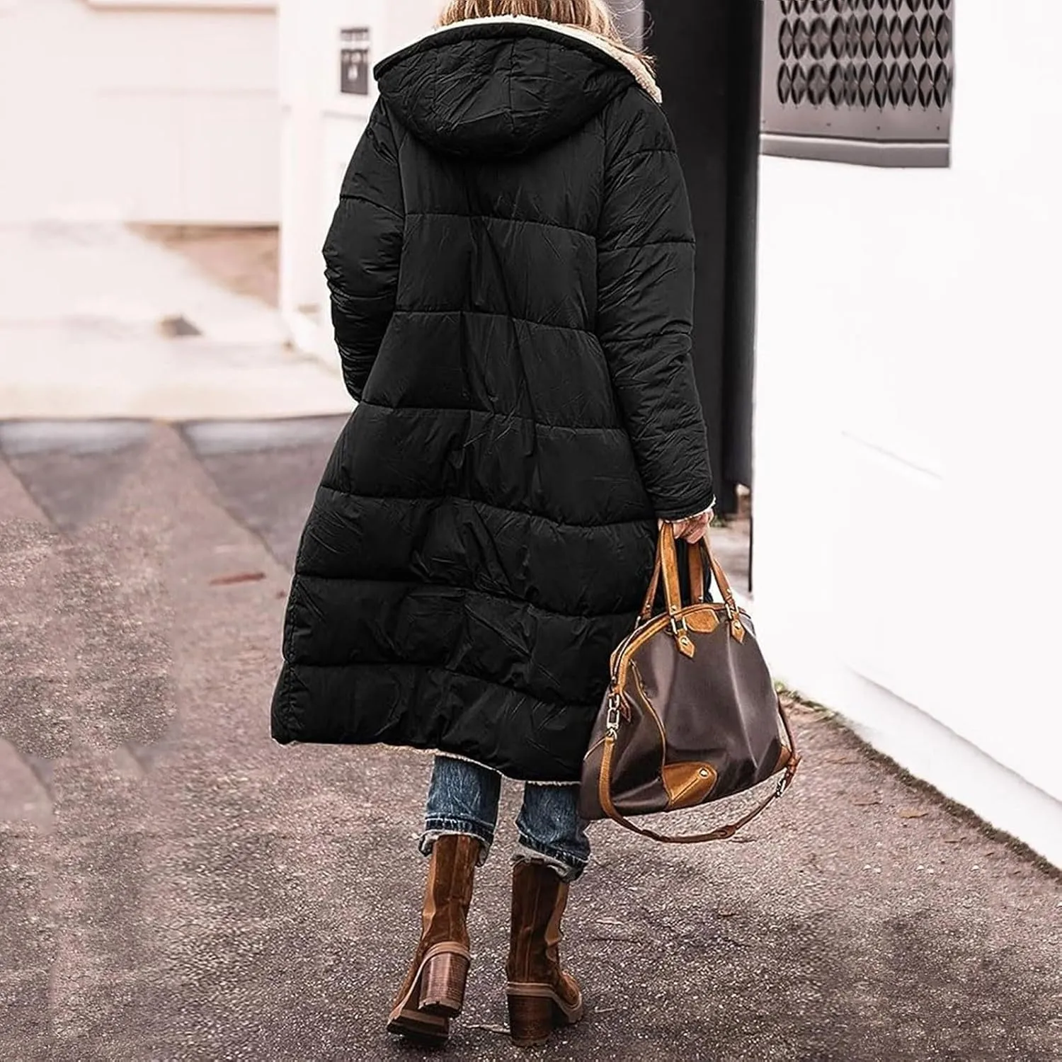 Long Fleece Reversible Jacket for Women Winter Puffer Warm Coat Sherpa Padded Oversized Long Sleeve Hooded Down Coats