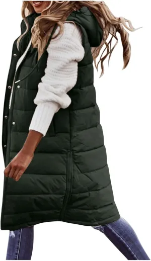 Long Puffer Vest for Women Sleeveless Lightweight Hoodies Jacket Quilted Down Vest Coat Winter Thickened Warm Outwear