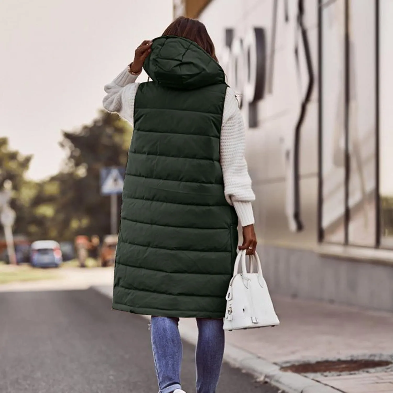 Long Puffer Vest for Women Sleeveless Lightweight Hoodies Jacket Quilted Down Vest Coat Winter Thickened Warm Outwear
