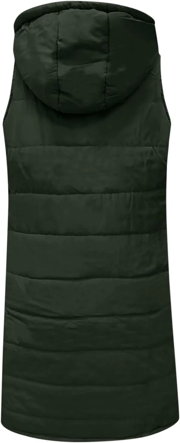 Long Puffer Vest for Women Sleeveless Lightweight Hoodies Jacket Quilted Down Vest Coat Winter Thickened Warm Outwear