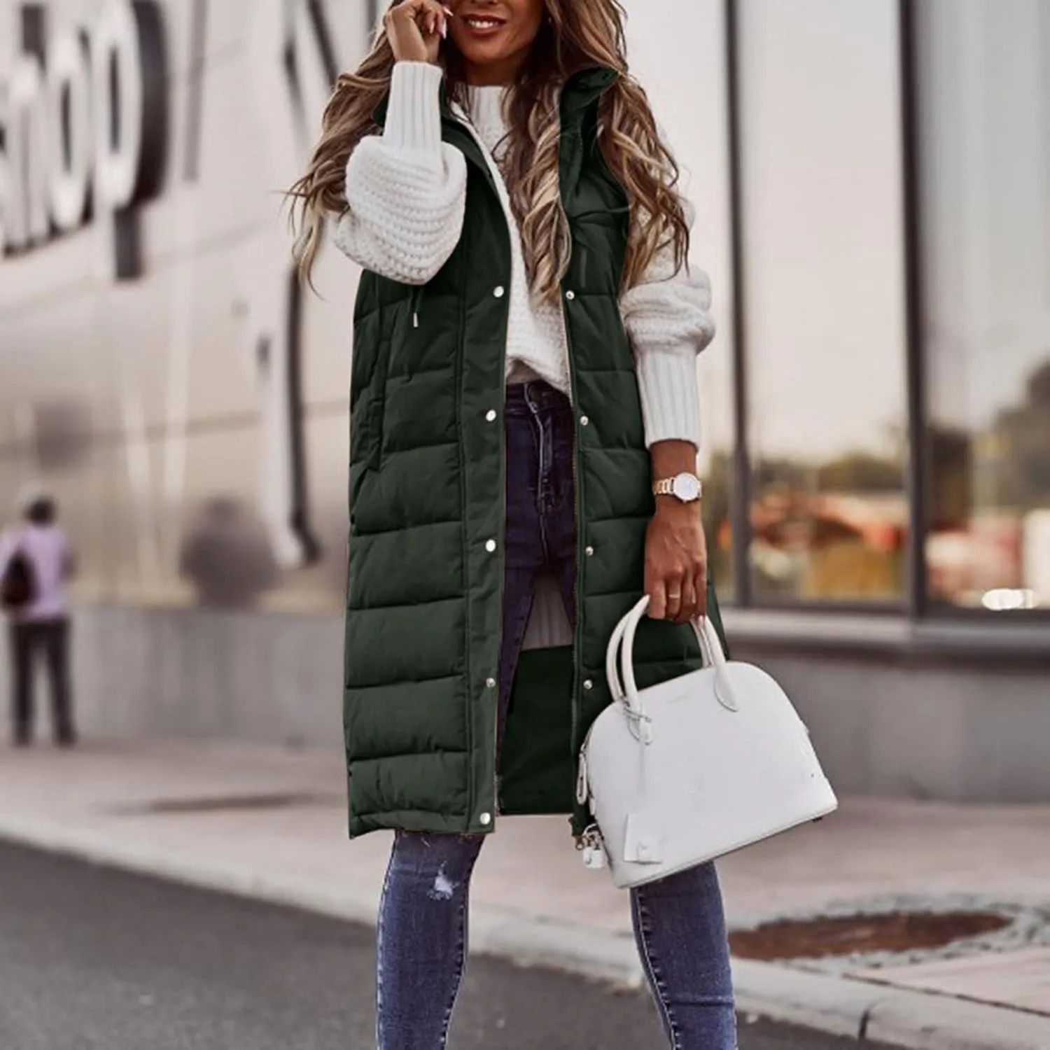 Long Puffer Vest for Women Sleeveless Lightweight Hoodies Jacket Quilted Down Vest Coat Winter Thickened Warm Outwear