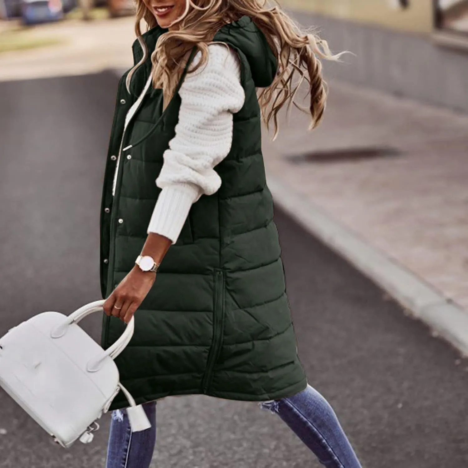Long Puffer Vest for Women Sleeveless Lightweight Hoodies Jacket Quilted Down Vest Coat Winter Thickened Warm Outwear
