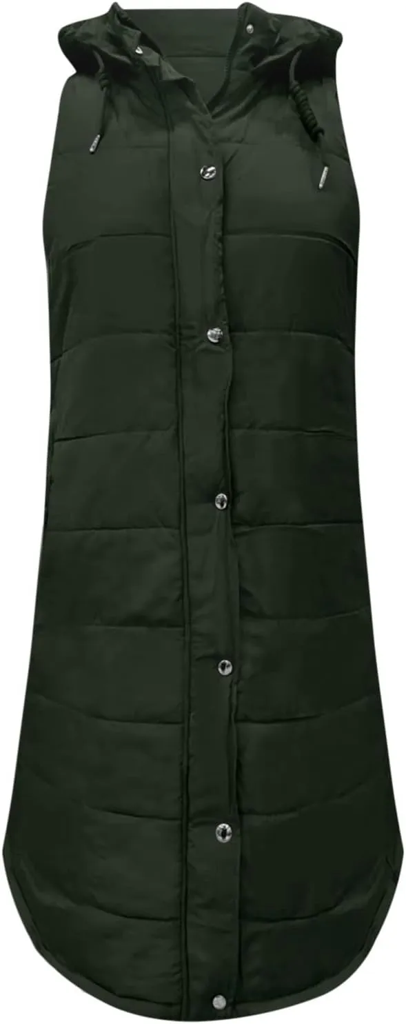 Long Puffer Vest for Women Sleeveless Lightweight Hoodies Jacket Quilted Down Vest Coat Winter Thickened Warm Outwear