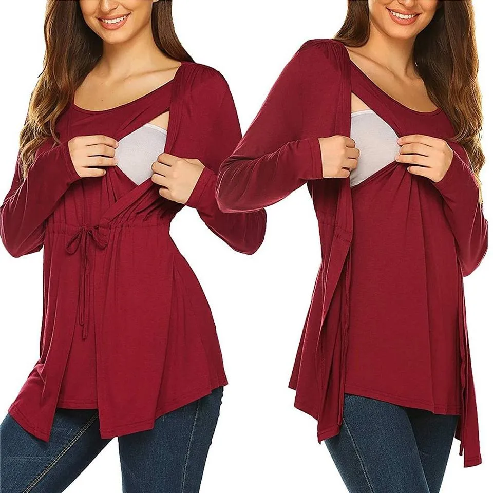 Long Sleeve T-shirt Elegant Double Layer For Breastfeeding Pregnancy Maternity Clothes For Mom