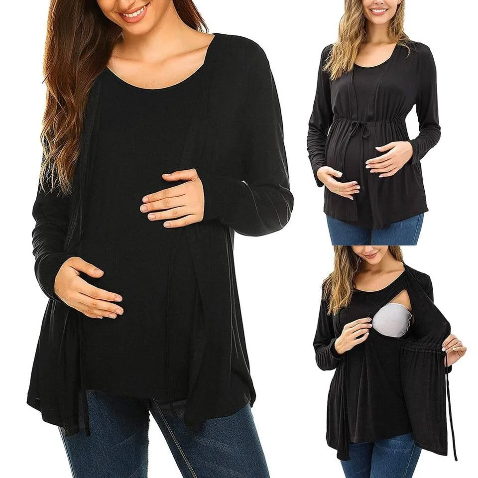Long Sleeve T-shirt Elegant Double Layer For Breastfeeding Pregnancy Maternity Clothes For Mom