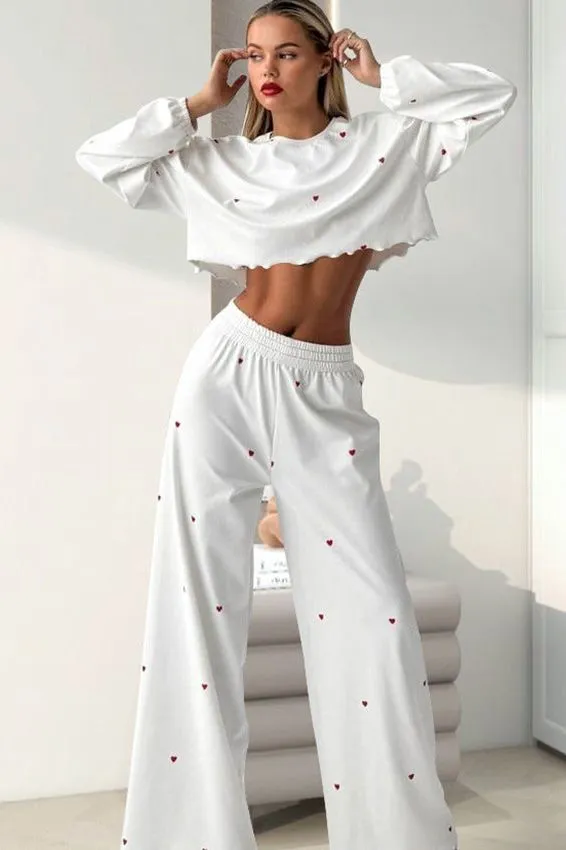 Long-sleeved Two-piece Crop Top And Pajamas