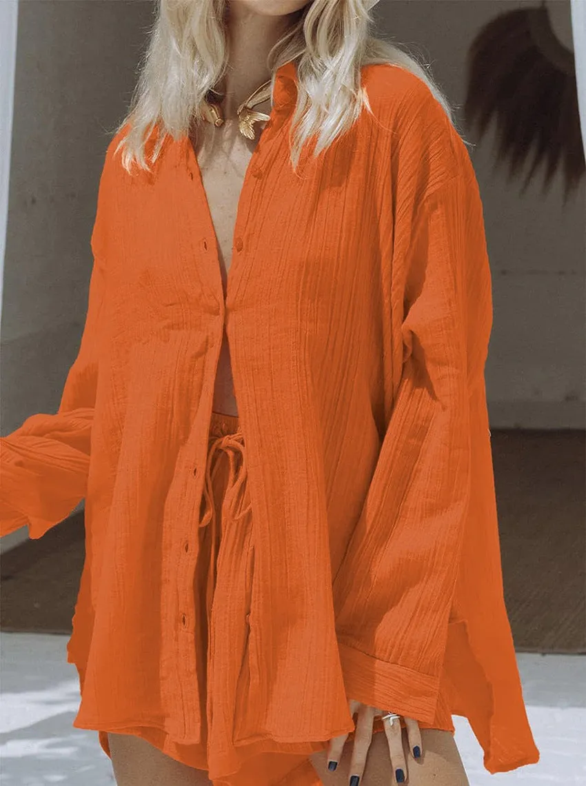 Loose Long-sleeved Shirt and Tie Shorts Pajamas Two-piece Set
