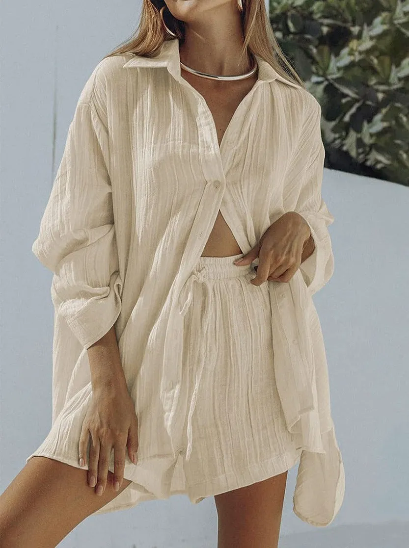 Loose Long-sleeved Shirt and Tie Shorts Pajamas Two-piece Set