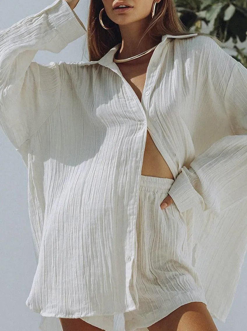 Loose Long-sleeved Shirt and Tie Shorts Pajamas Two-piece Set
