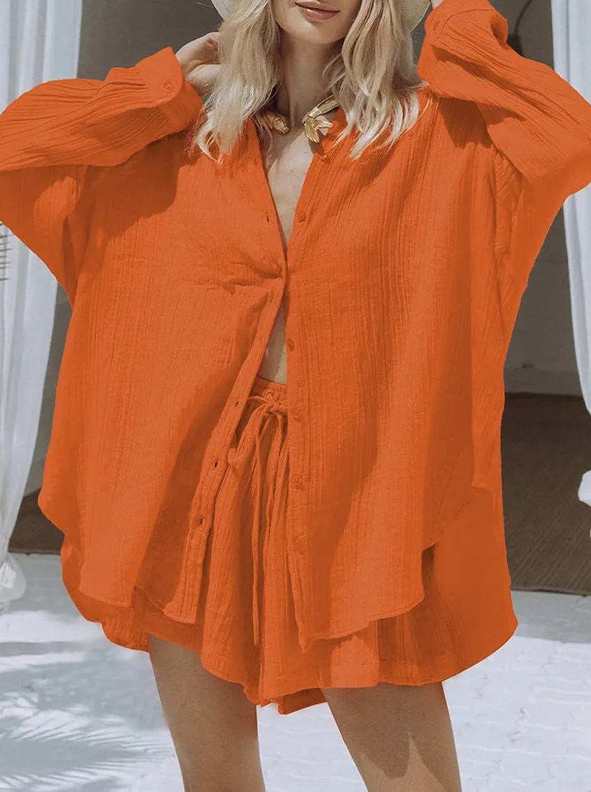 Loose Long-sleeved Shirt and Tie Shorts Pajamas Two-piece Set
