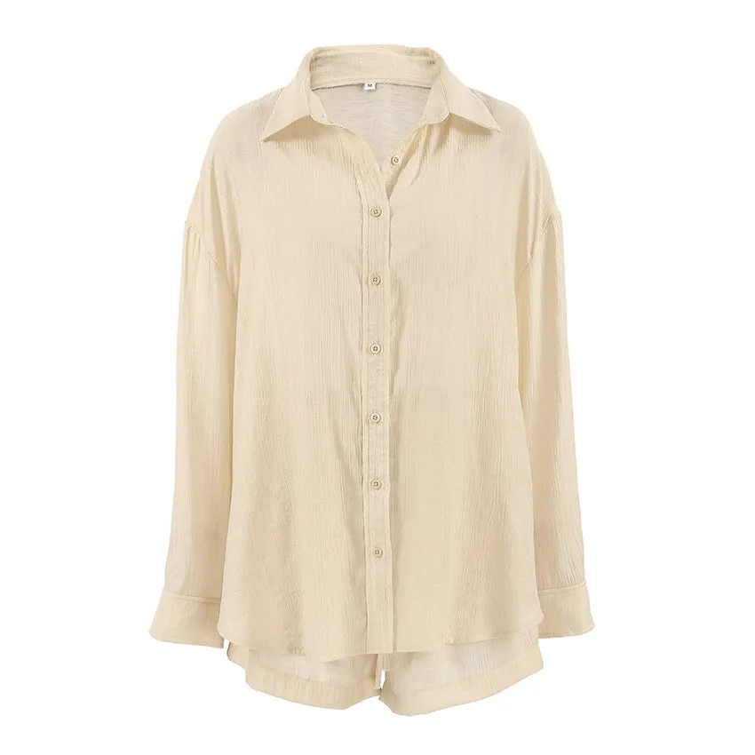 Loose Long-sleeved Shirt and Tie Shorts Pajamas Two-piece Set