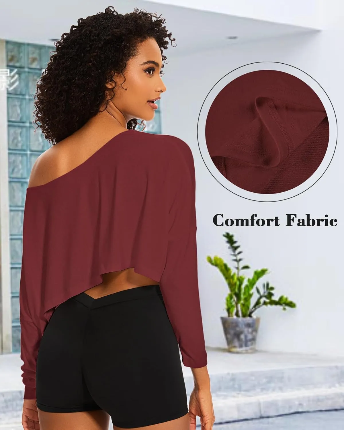 Loose Off The Shoulder Crop Tops for Women Long Sleeve Oversized Crop Tops Workout Spring Summer Casual T Shirt