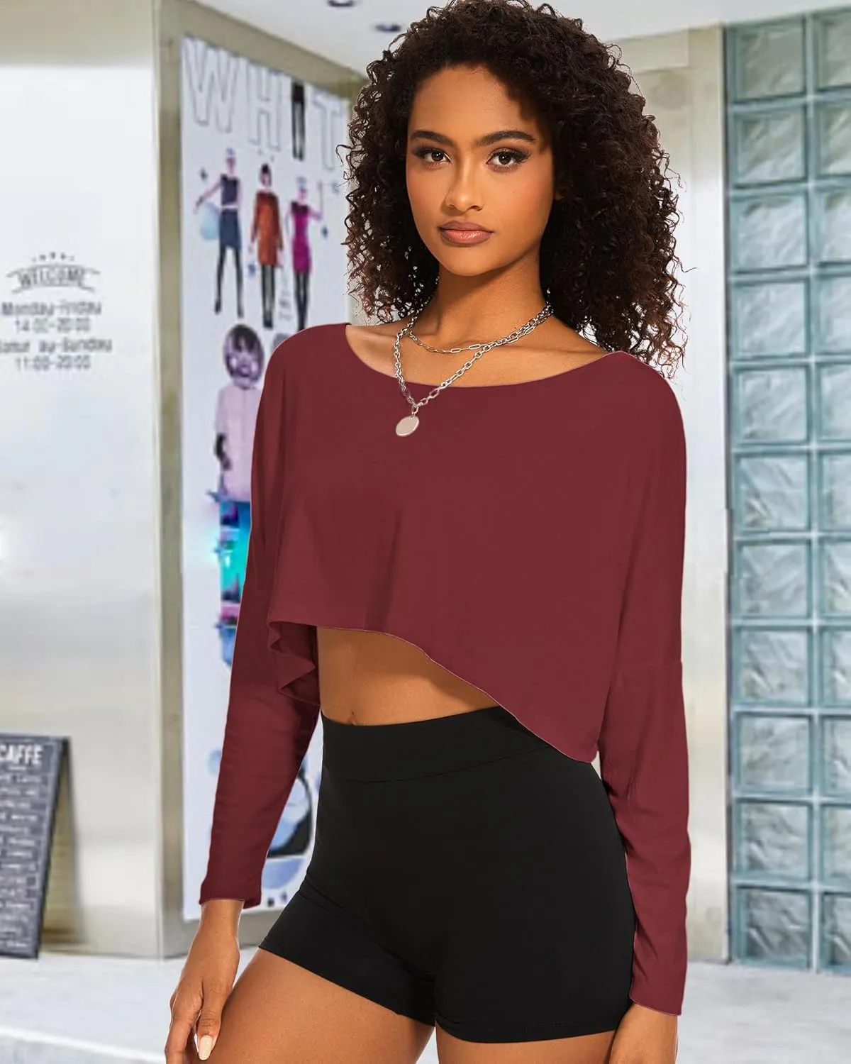 Loose Off The Shoulder Crop Tops for Women Long Sleeve Oversized Crop Tops Workout Spring Summer Casual T Shirt