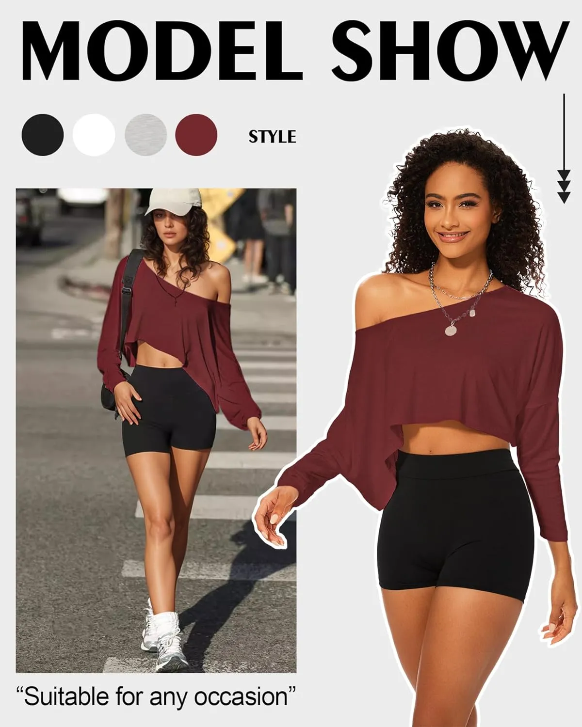 Loose Off The Shoulder Crop Tops for Women Long Sleeve Oversized Crop Tops Workout Spring Summer Casual T Shirt