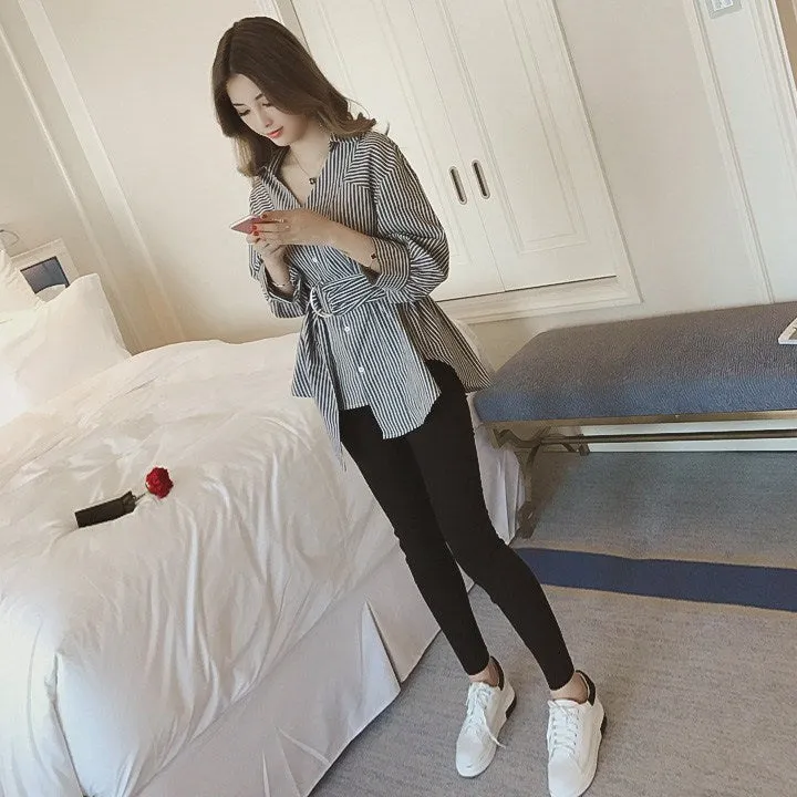 Loose Striped Female Tops Tide Long-sleeved Shirt