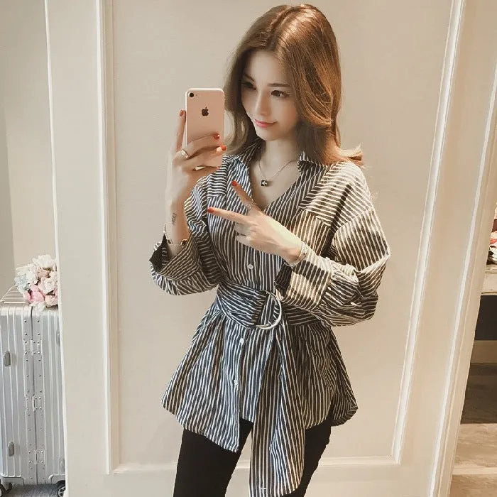 Loose Striped Female Tops Tide Long-sleeved Shirt