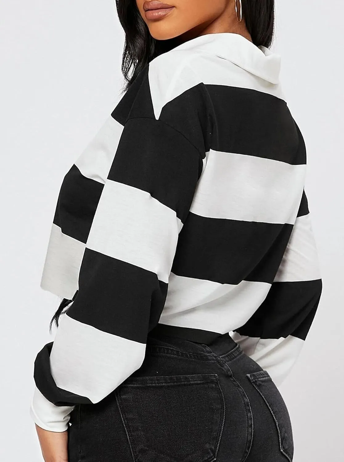 LovelyWholesale Women Striped Cropped Sweatshirts Polo Collar Long Sleeve Crop Tops