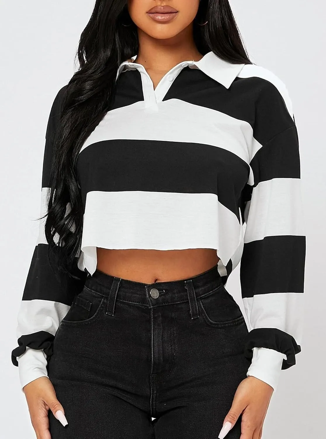 LovelyWholesale Women Striped Cropped Sweatshirts Polo Collar Long Sleeve Crop Tops