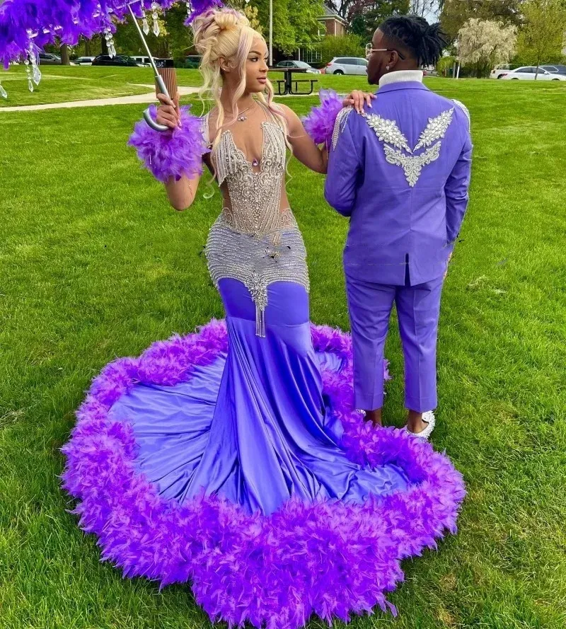 Luxury Purple Prom Dresses For Black Girls Rhinestone Feathers African Women Mermaid Party Gowns