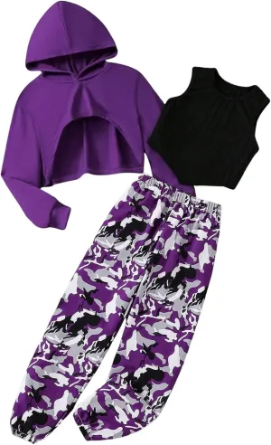 MakeMeChic Girl's 3 Piece Outfits Long Sleeve Cropped Hoodies and Camo Print Sweatpants Set
