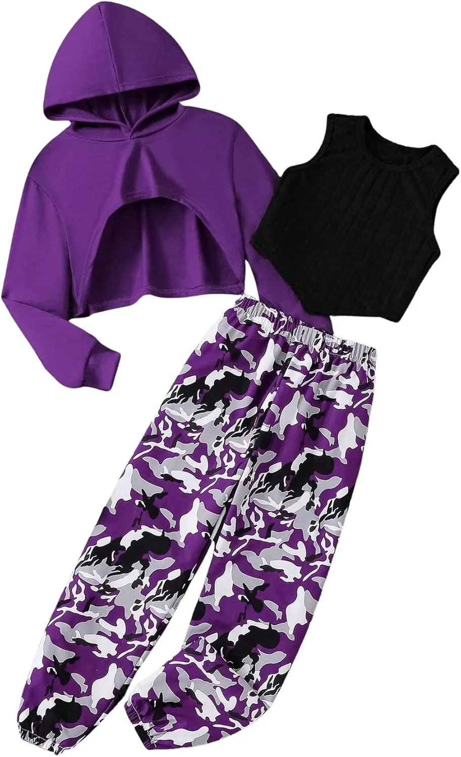 MakeMeChic Girl's 3 Piece Outfits Long Sleeve Cropped Hoodies and Camo Print Sweatpants Set