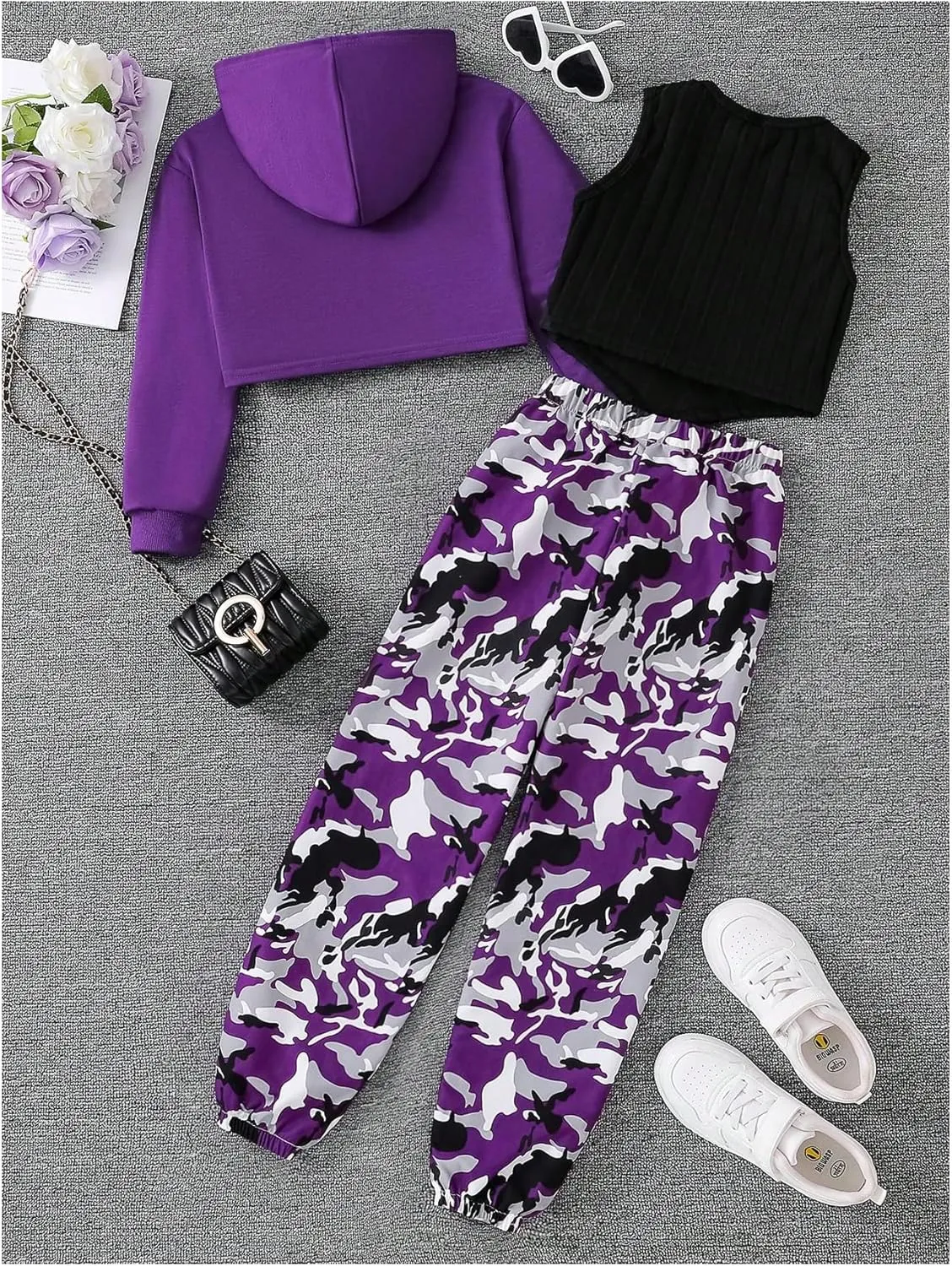 MakeMeChic Girl's 3 Piece Outfits Long Sleeve Cropped Hoodies and Camo Print Sweatpants Set