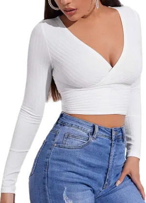 MakeMeChic Women's Deep V Neck Long Sleeve Cross Wrap Crop Tops