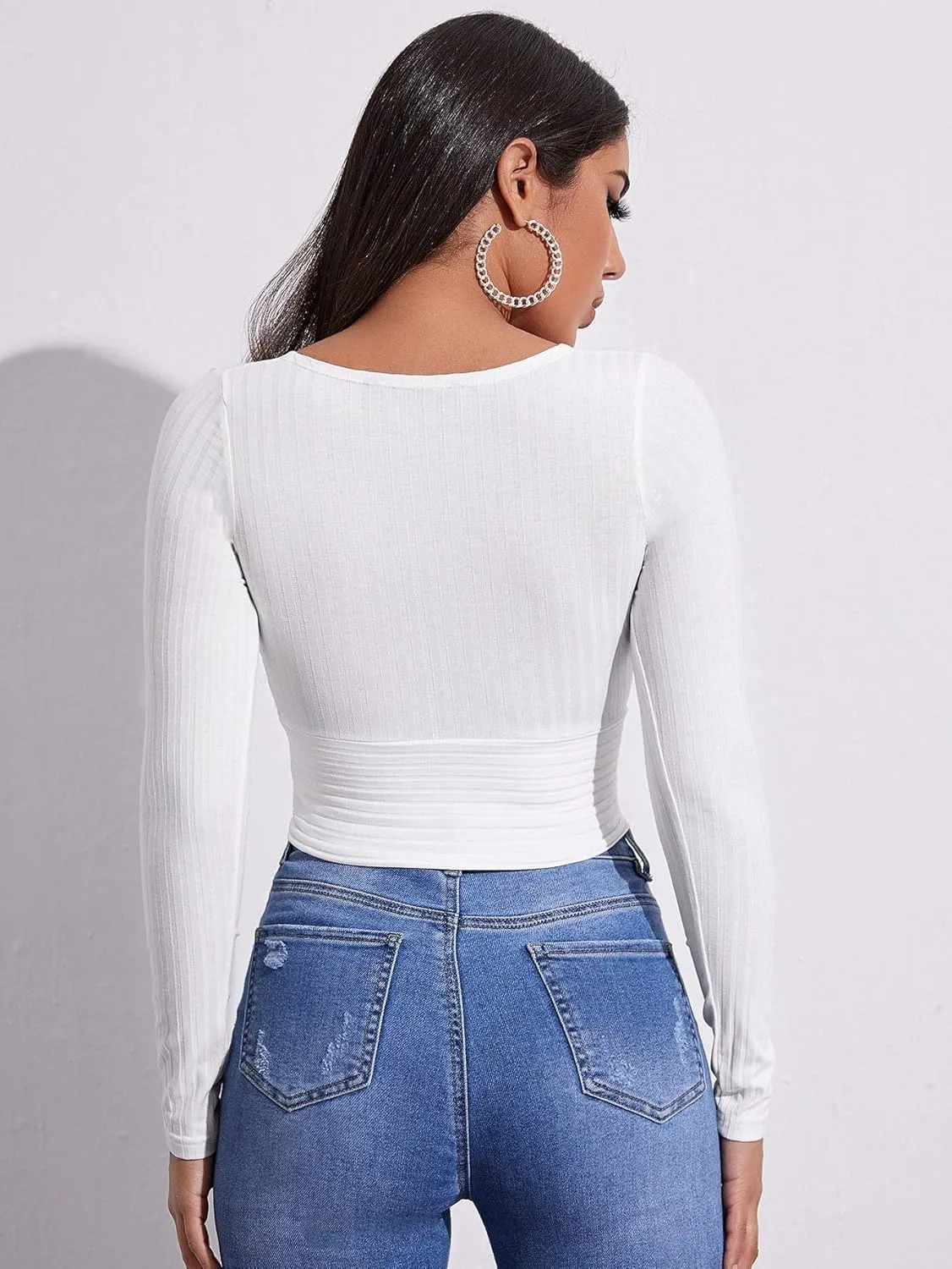 MakeMeChic Women's Deep V Neck Long Sleeve Cross Wrap Crop Tops