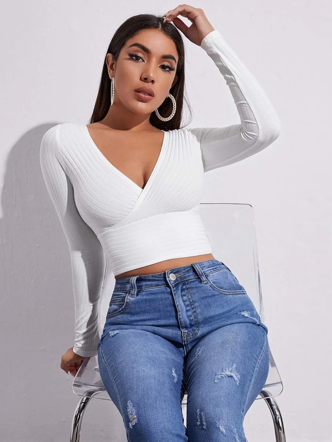 MakeMeChic Women's Deep V Neck Long Sleeve Cross Wrap Crop Tops