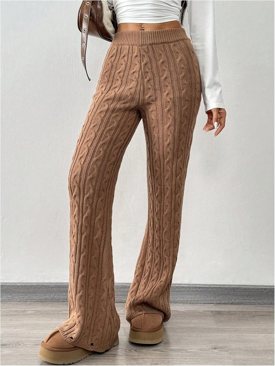 MakeMeChic Women's Elastic Waist Cable Knit Pants Skinny Fit Plain Wide Leg Trousers