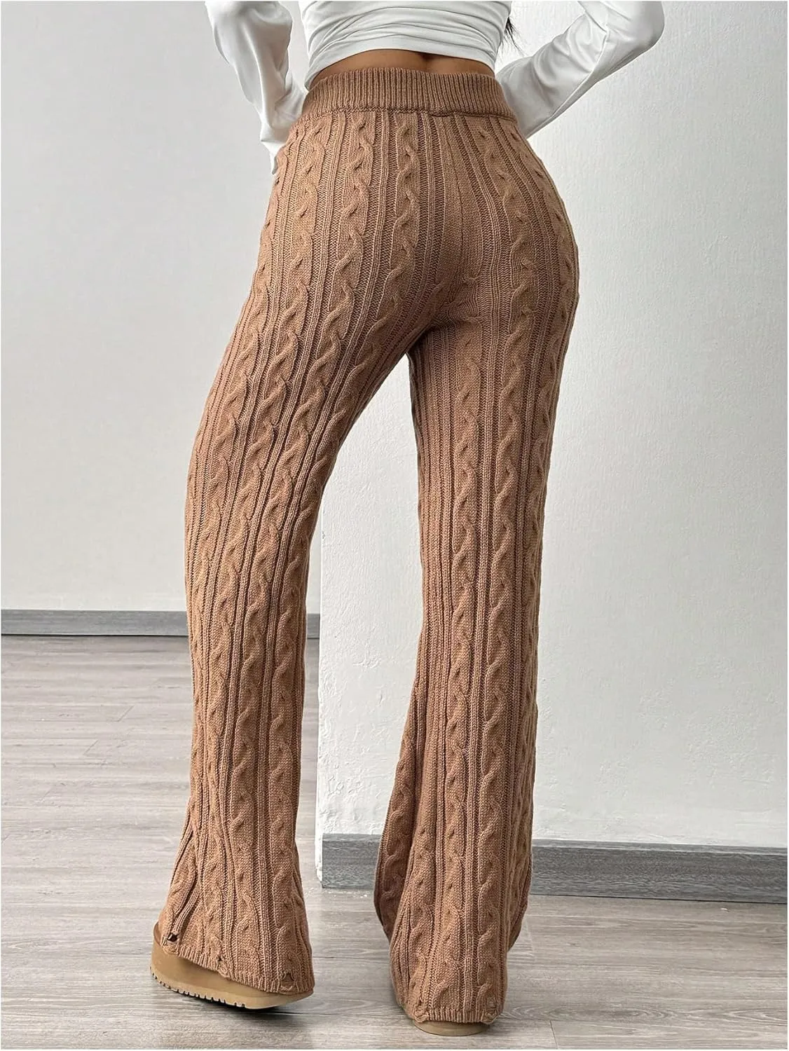 MakeMeChic Women's Elastic Waist Cable Knit Pants Skinny Fit Plain Wide Leg Trousers