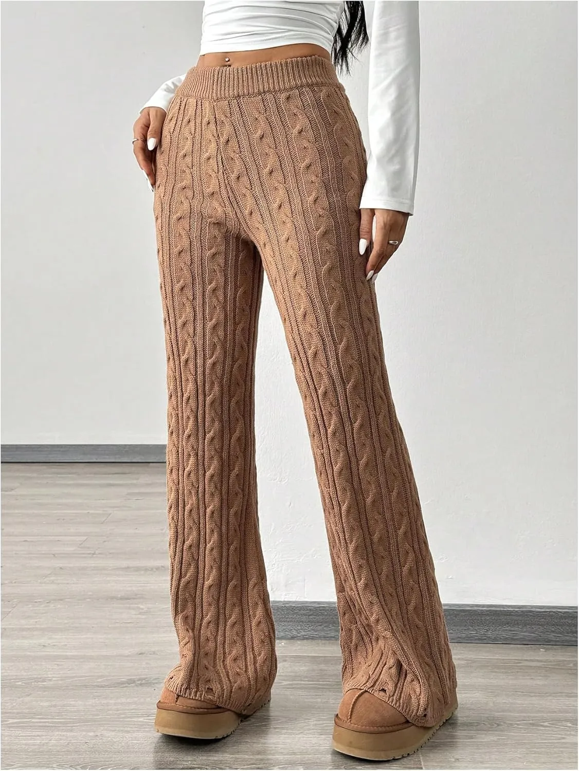 MakeMeChic Women's Elastic Waist Cable Knit Pants Skinny Fit Plain Wide Leg Trousers