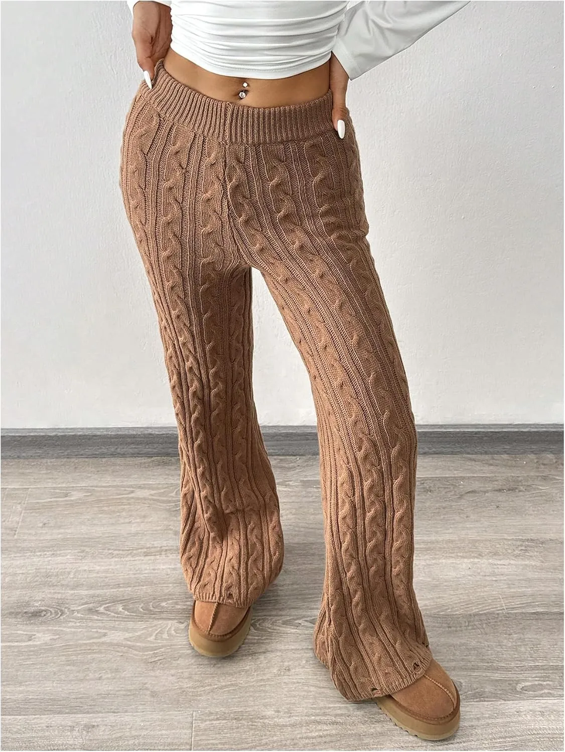 MakeMeChic Women's Elastic Waist Cable Knit Pants Skinny Fit Plain Wide Leg Trousers