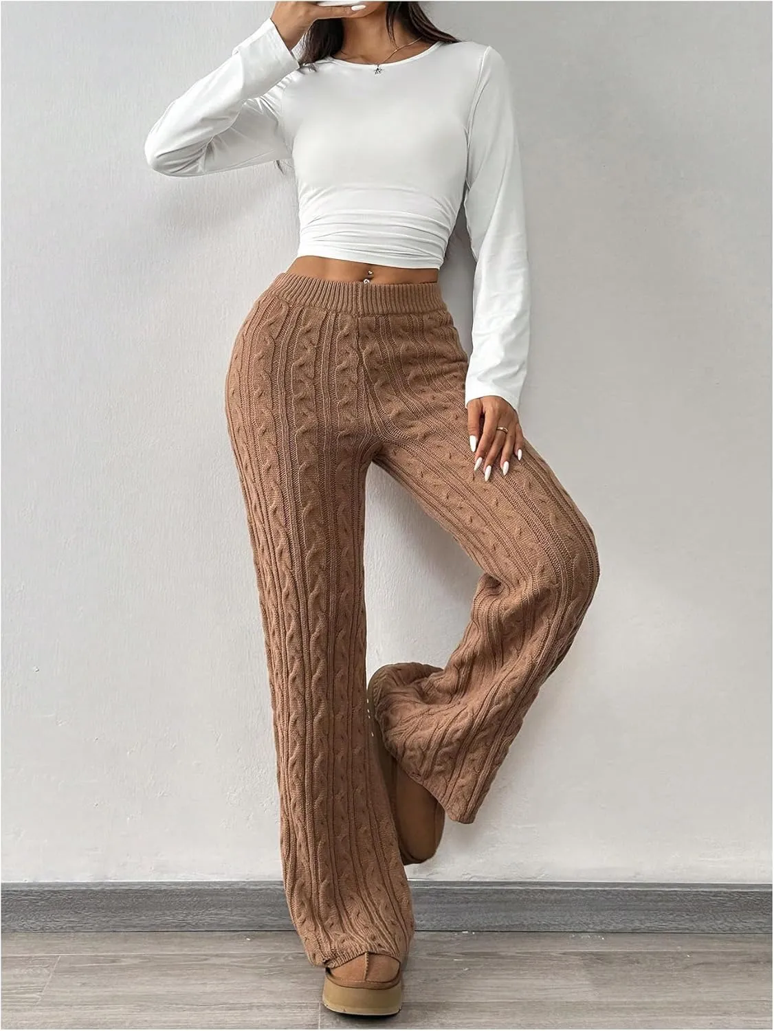 MakeMeChic Women's Elastic Waist Cable Knit Pants Skinny Fit Plain Wide Leg Trousers