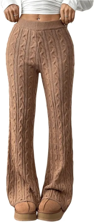 MakeMeChic Women's Elastic Waist Cable Knit Pants Skinny Fit Plain Wide Leg Trousers